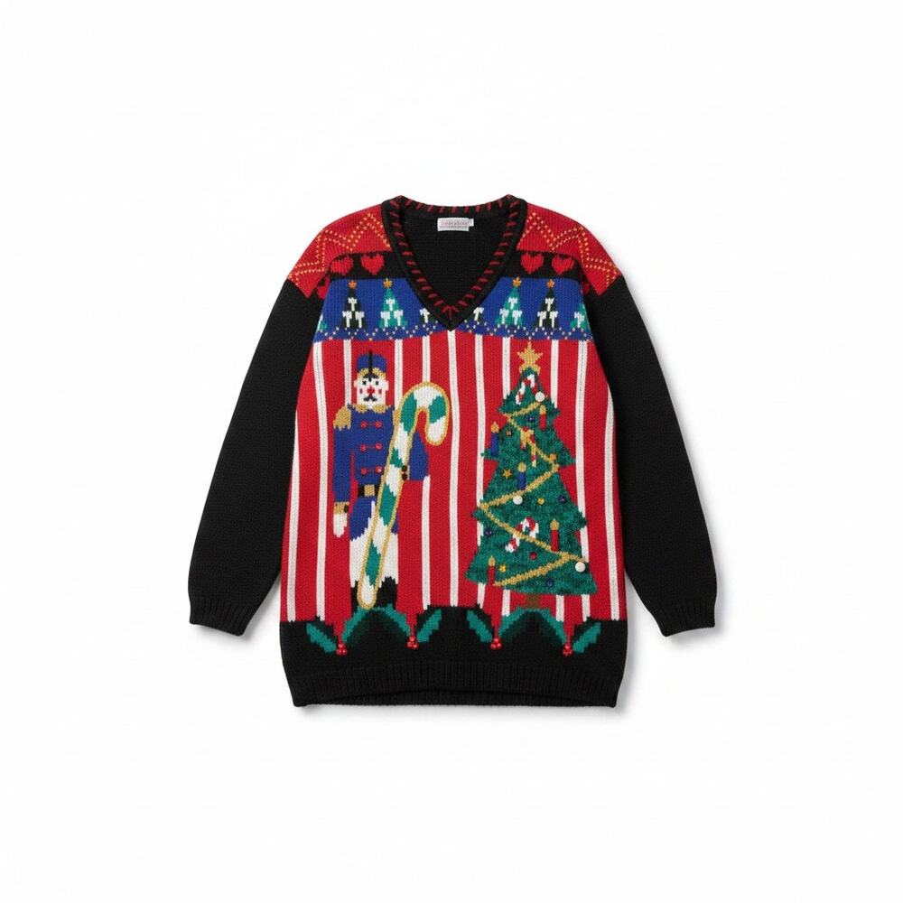 Vintage 80s M Spice of Life Tacky Christmas Sweater Tree Nutcracker Kitsch